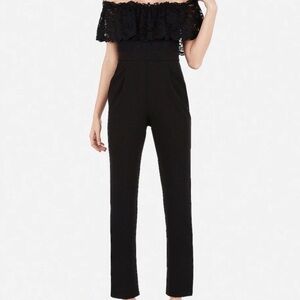 Express Black Off-Shoulder Straight-Leg Jumpsuit with Lace Ruffle
